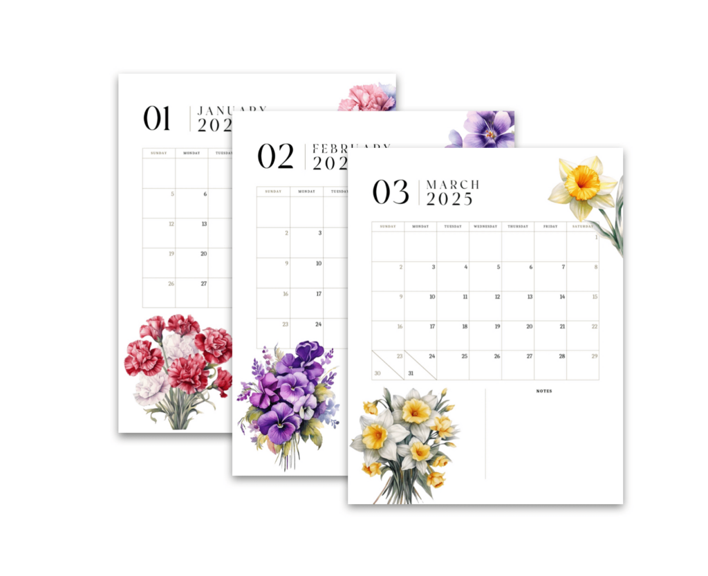 Free 2025 printable Calendar, birth flowers calendars, carnation, violet, daffodil