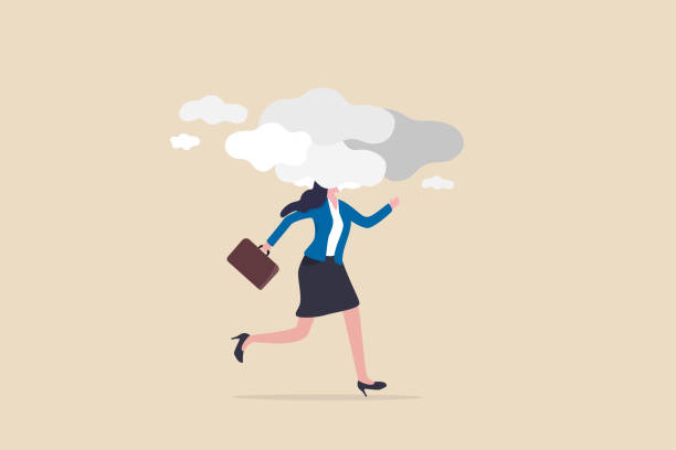 Brain fog - mental problem or struggle, businesswoman, brain fog, cloud covered head