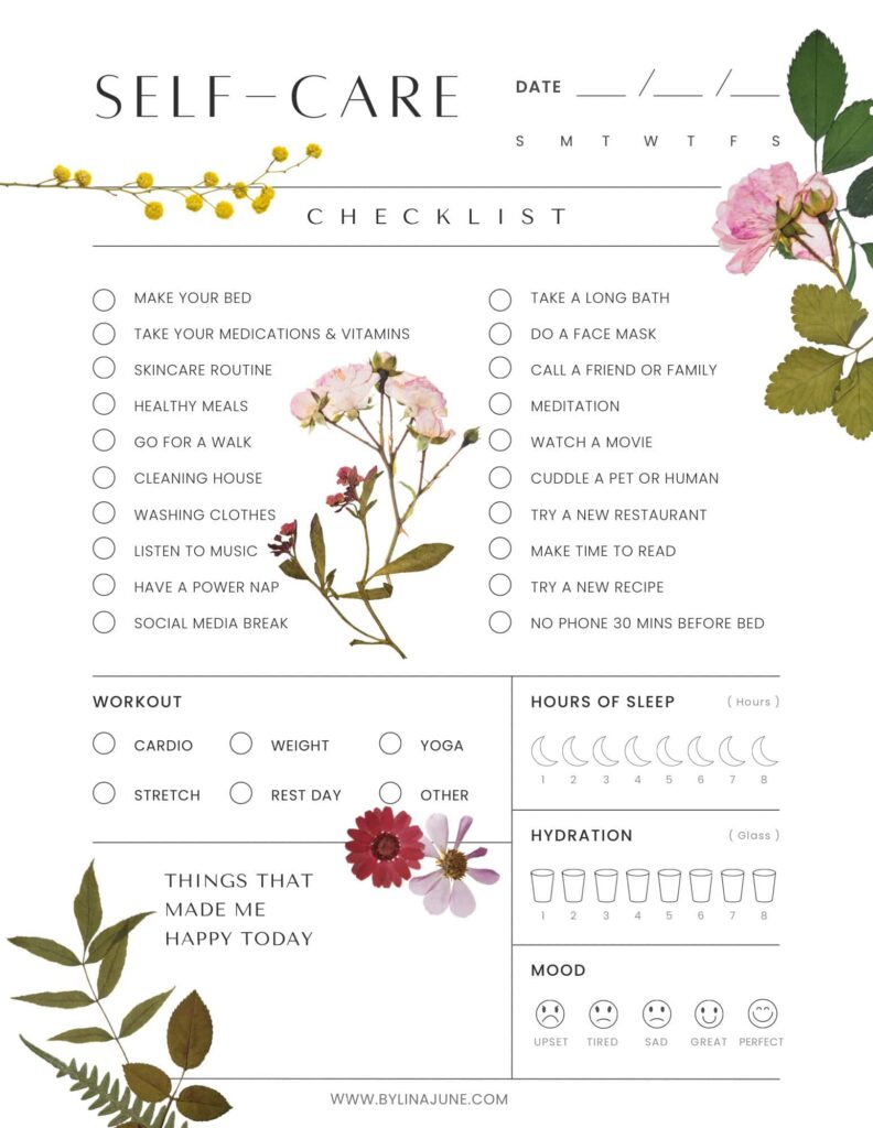 self care and gratitude tracker with pressed flowers