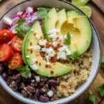 easy lunch, black bean quinoa bowl with avocado, quick lunch