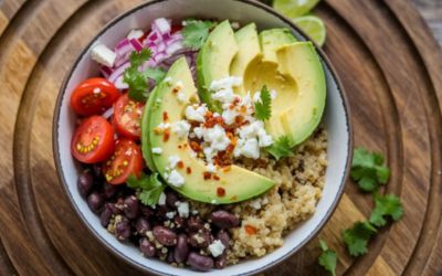 easy lunch, black bean quinoa bowl with avocado, quick lunch