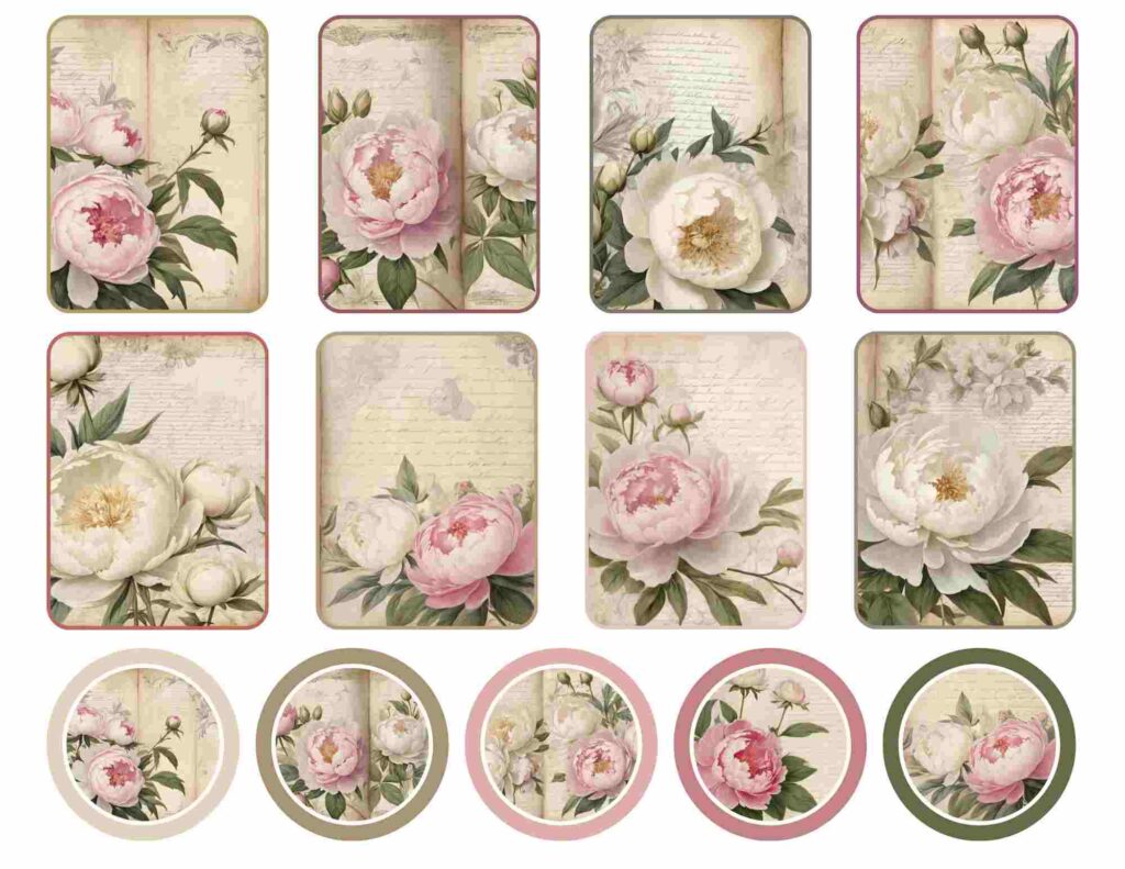 Vintage Junk Journal Tags, Vintage Ephemera, Vintage Peony Illustration