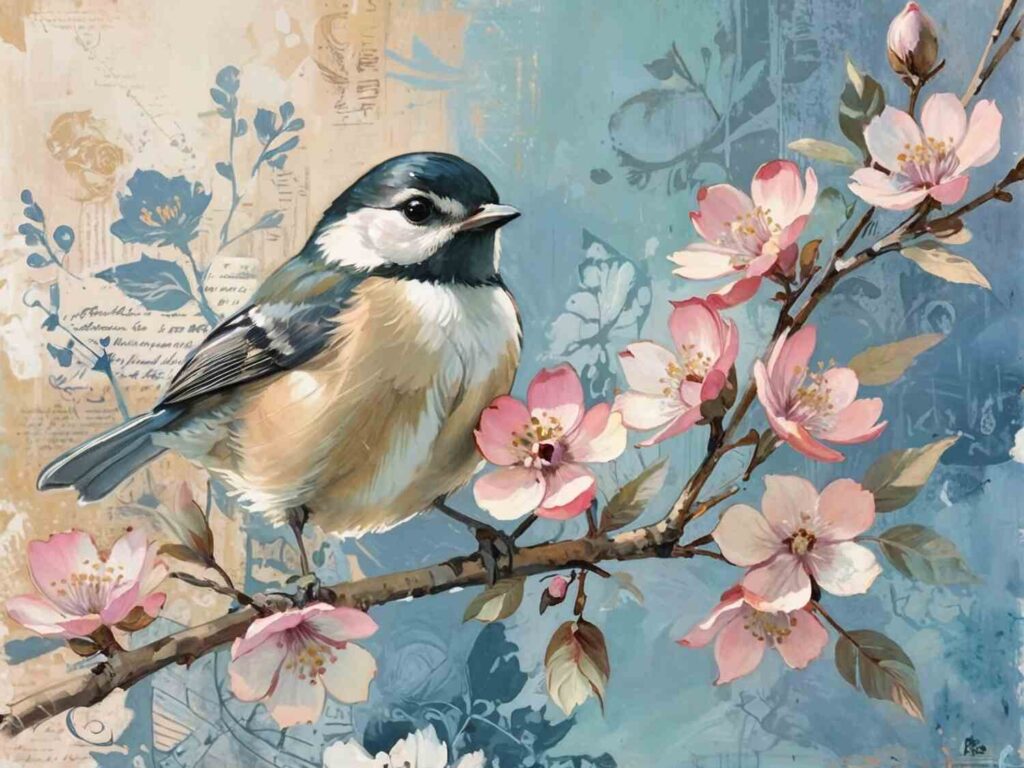 chickadee in Cherry Tree - junk journal page, free printable